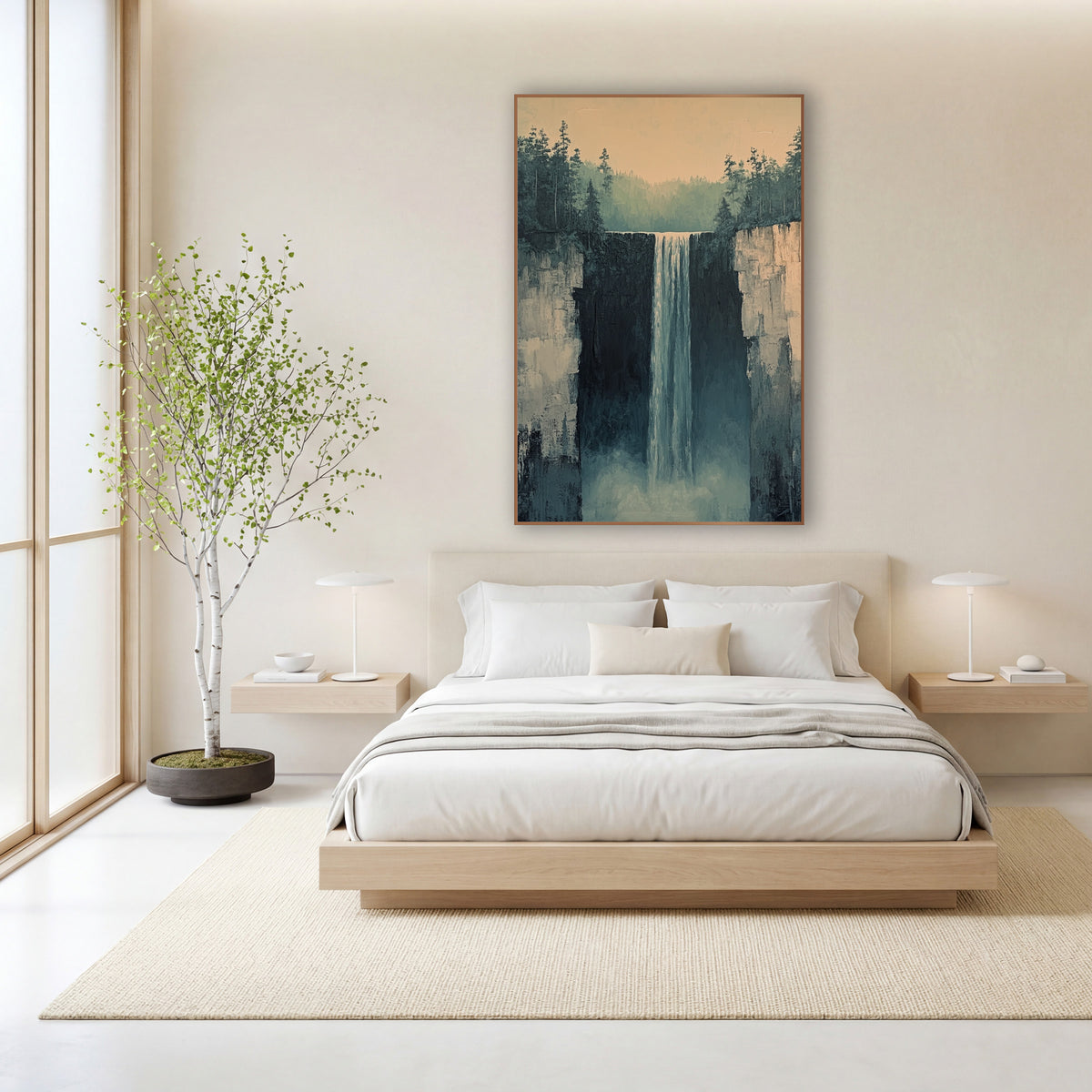 Misty Cliff Waterfall Minimalist Landscape wall art in a calm Japandi-style room – tall waterfall falling between rock