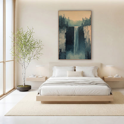 Misty Cliff Waterfall Minimalist Landscape wall art in a calm Japandi-style room – tall waterfall falling between rock