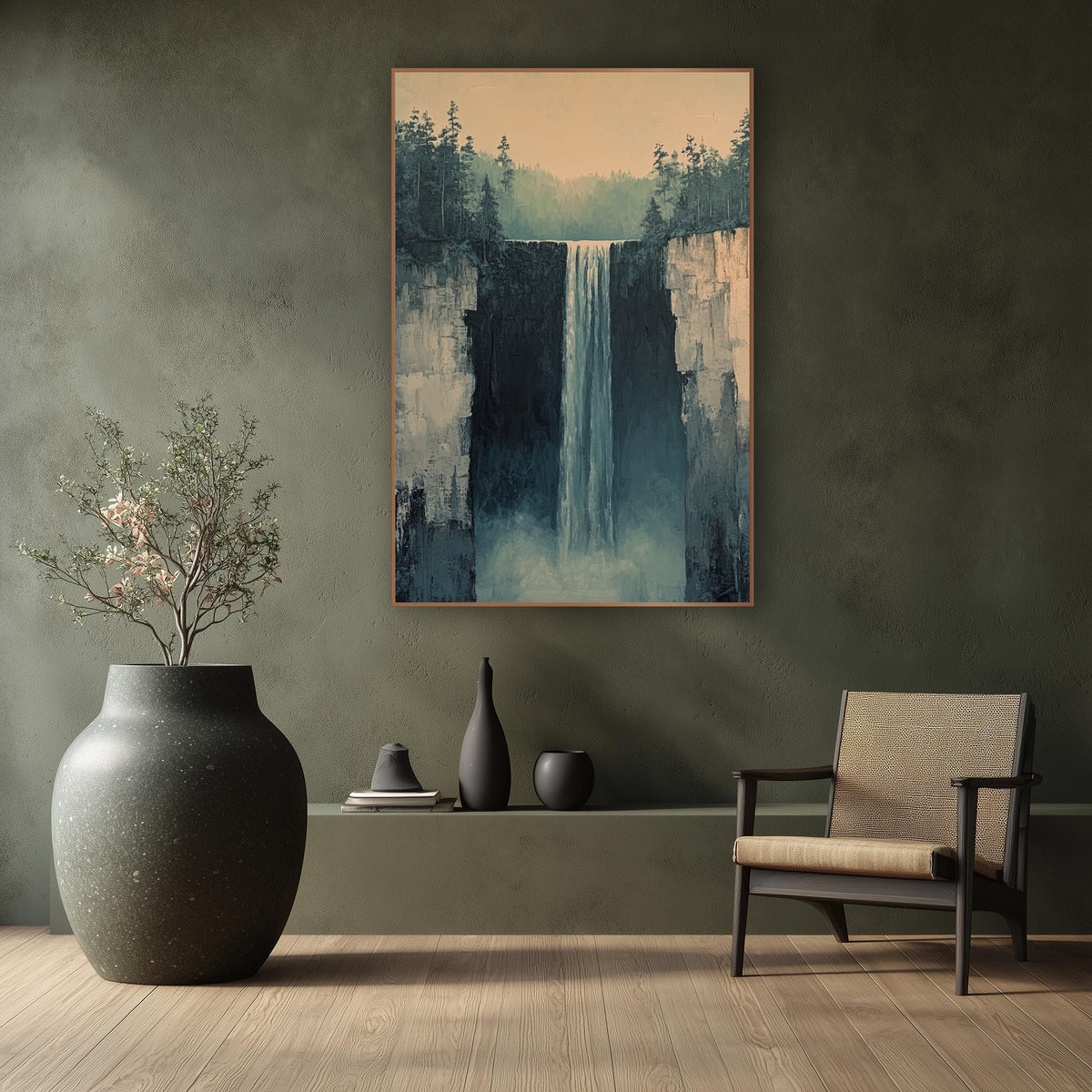 Misty Cliff Waterfall Minimalist Landscape wall art in a calm Japandi-style room – tall waterfall falling between rock