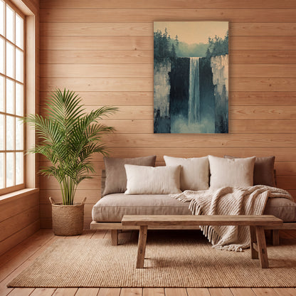 Misty Cliff Waterfall Minimalist Landscape wall art in a calm Japandi-style room – tall waterfall falling between rock