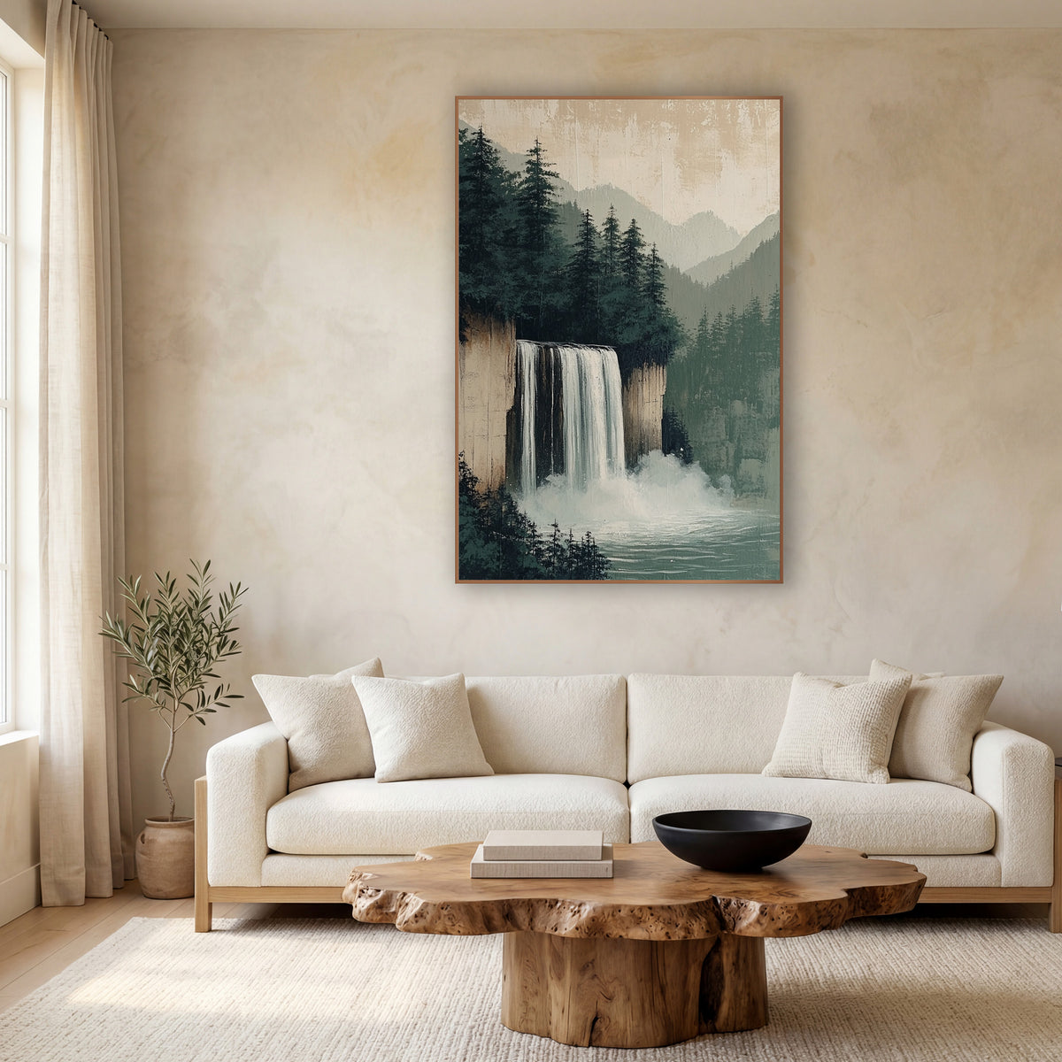Misty Evergreen Waterfall Japandi Landscape wall art in a calm Japandi-style room – waterfall falling from a sandy