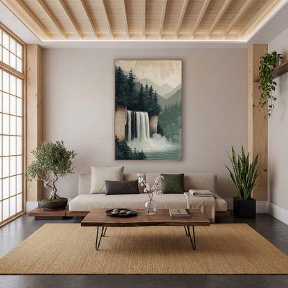 Misty Evergreen Waterfall Japandi Landscape wall art in a calm Japandi-style room – waterfall falling from a sandy