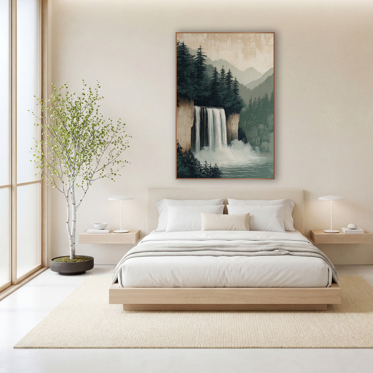 Misty Evergreen Waterfall Japandi Landscape wall art in a calm Japandi-style room – waterfall falling from a sandy