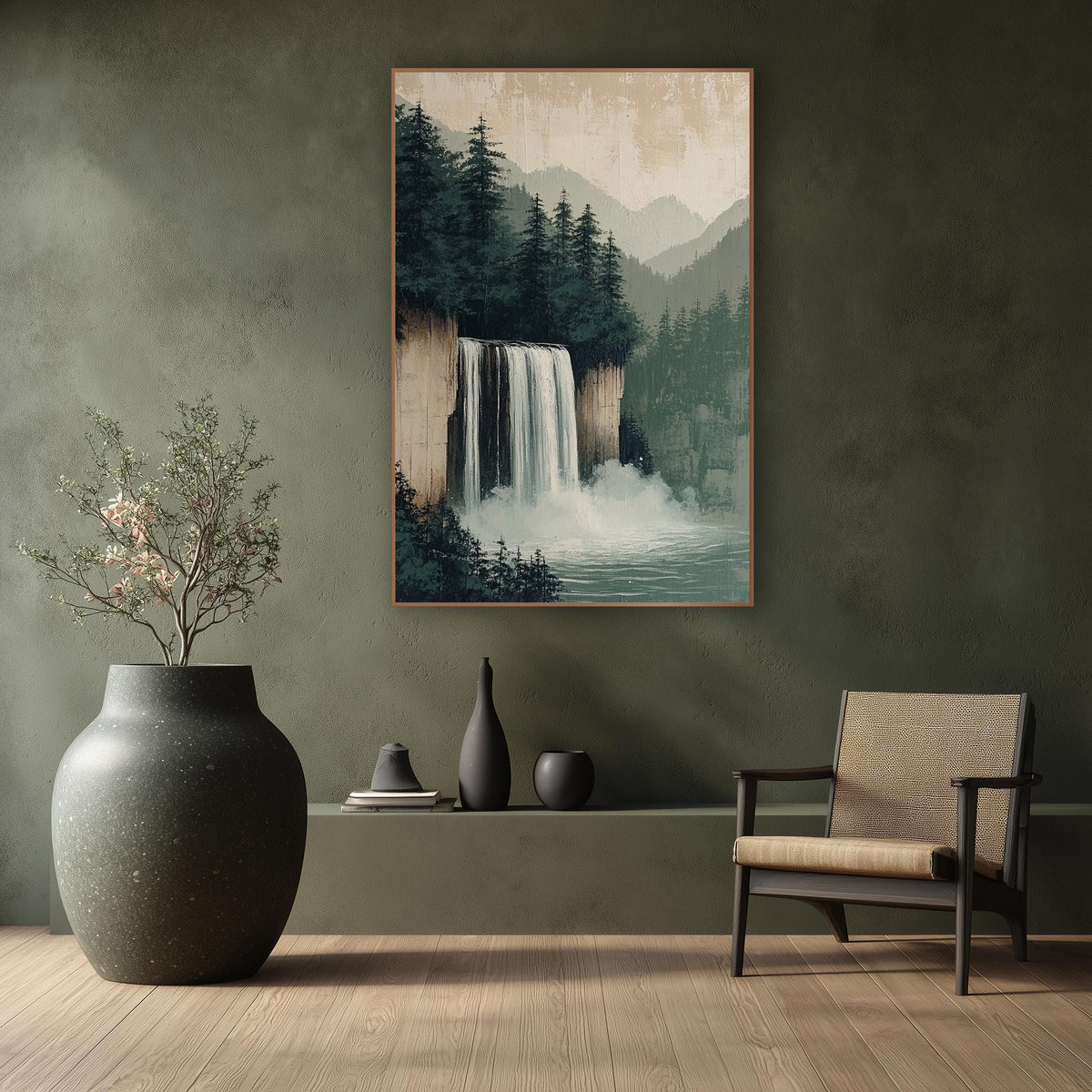 Misty Evergreen Waterfall Japandi Landscape wall art in a calm Japandi-style room – waterfall falling from a sandy