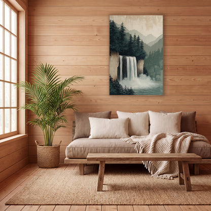 Misty Evergreen Waterfall Japandi Landscape wall art in a calm Japandi-style room – waterfall falling from a sandy
