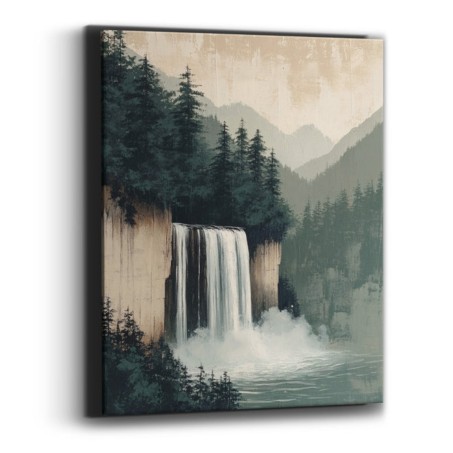 Misty Evergreen Waterfall Japandi Landscape Canvas Wall Art