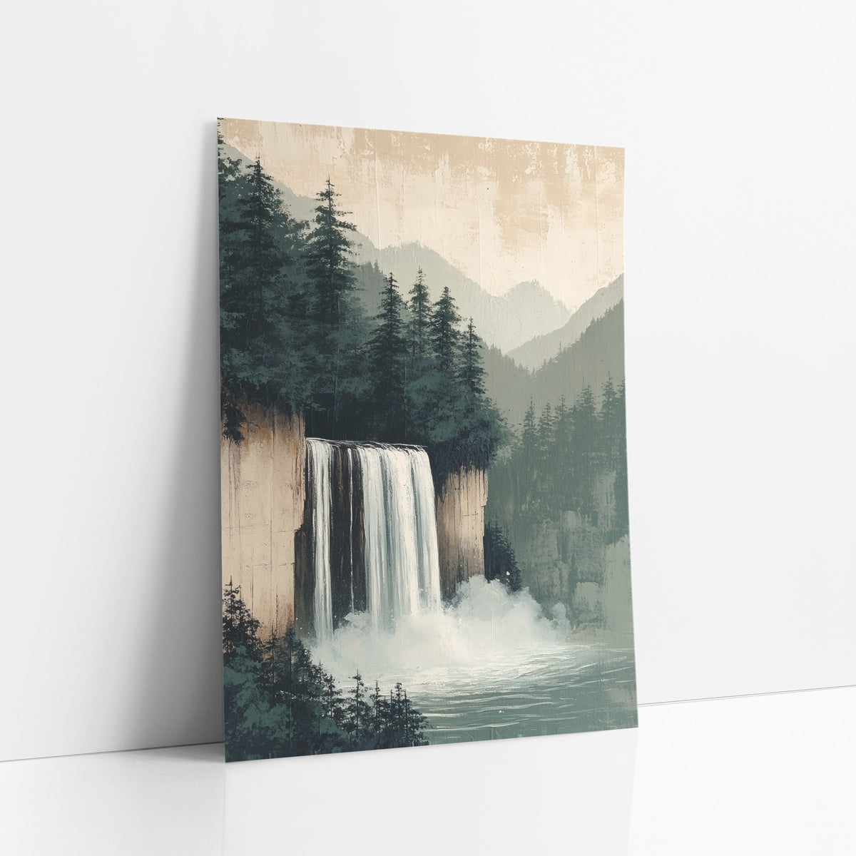 Misty Evergreen Waterfall Japandi Landscape art print leaning against a white wall – waterfall falling from a sandy cliff