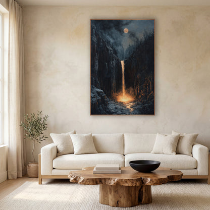 Glowing Gorge Waterfall Moody Landscape wall art in a calm Japandi-style room – narrow waterfall glowing amber