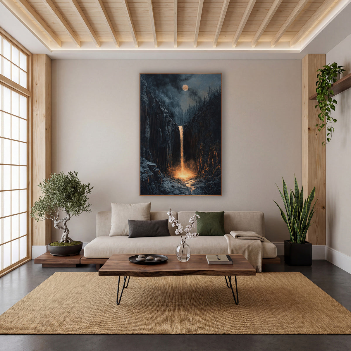 Glowing Gorge Waterfall Moody Landscape wall art in a calm Japandi-style room – narrow waterfall glowing amber