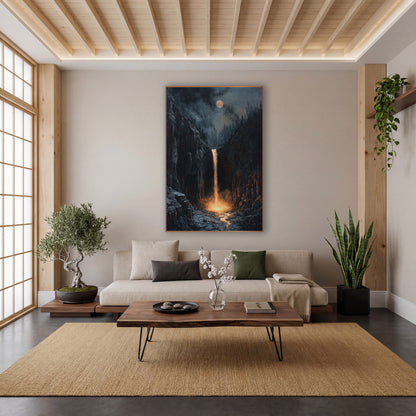 Glowing Gorge Waterfall Moody Landscape wall art in a calm Japandi-style room – narrow waterfall glowing amber