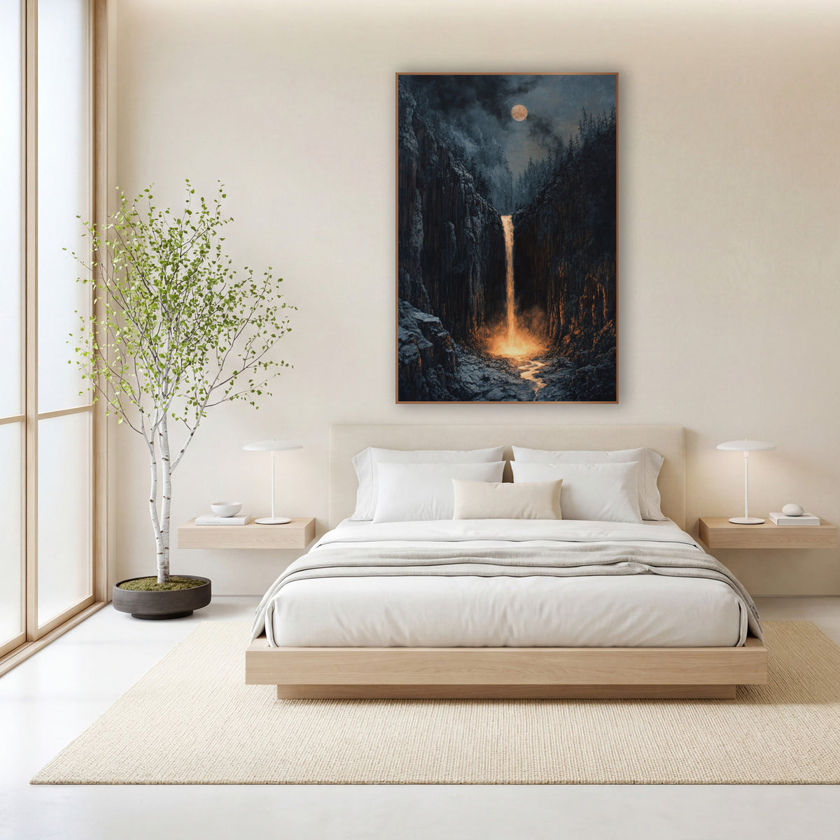 Glowing Gorge Waterfall Moody Landscape wall art in a calm Japandi-style room – narrow waterfall glowing amber
