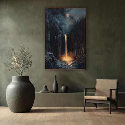 Glowing Gorge Waterfall Moody Landscape wall art in a calm Japandi-style room – narrow waterfall glowing amber