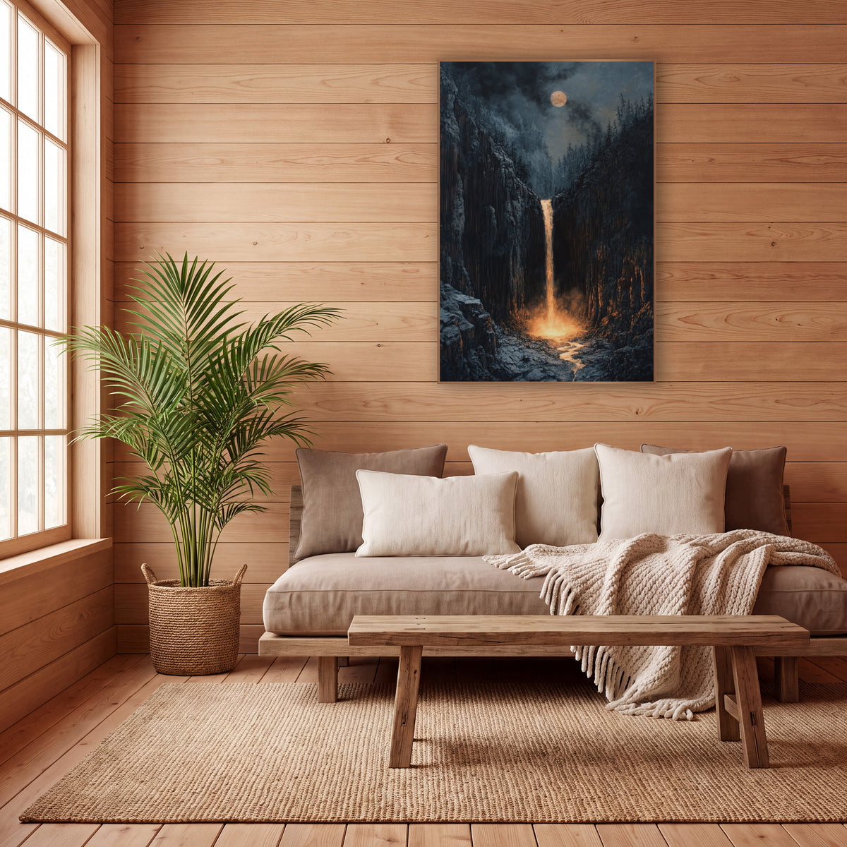 Glowing Gorge Waterfall Moody Landscape wall art in a calm Japandi-style room – narrow waterfall glowing amber