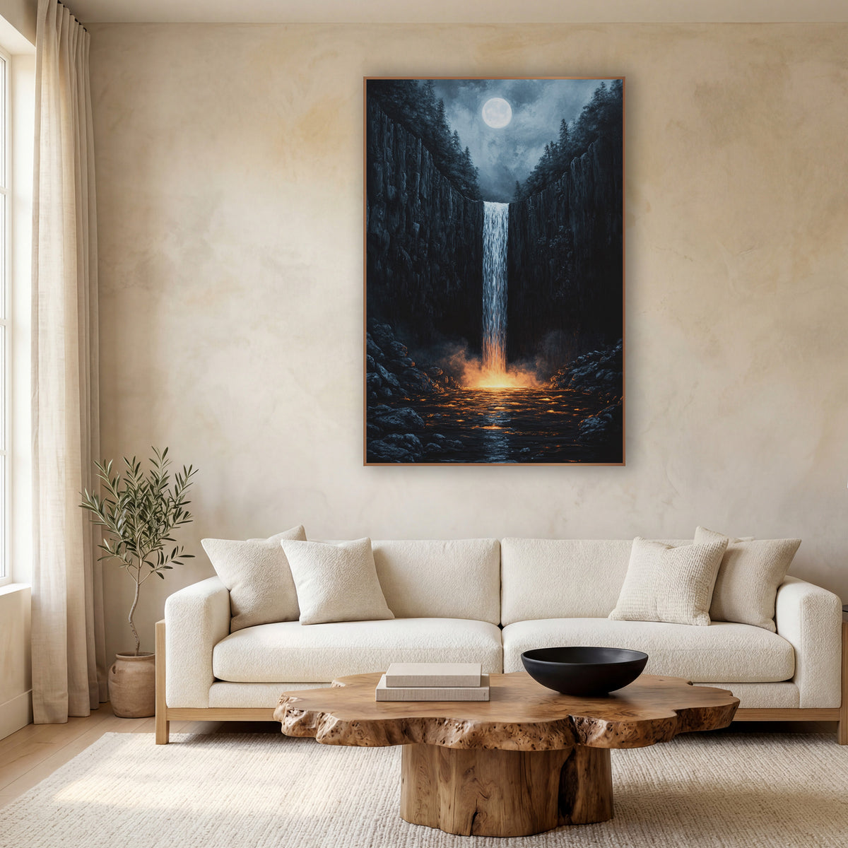 Moonlit Gorge Waterfall Dark Japandi wall art in a calm Japandi-style room – narrow waterfall between dark rock cliffs