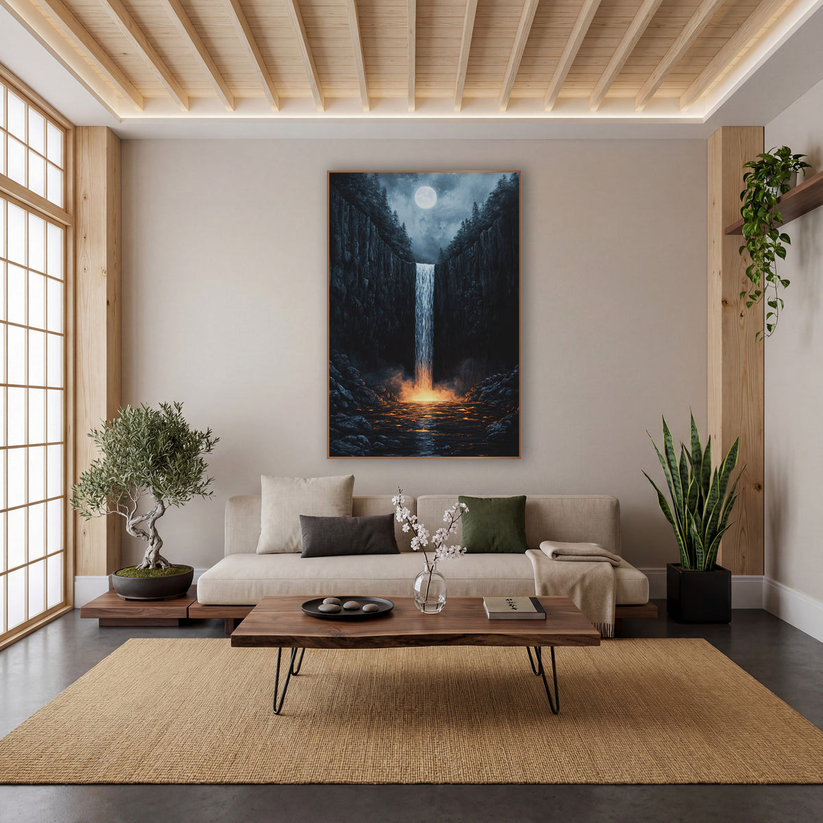 Moonlit Gorge Waterfall Dark Japandi wall art in a calm Japandi-style room – narrow waterfall between dark rock cliffs