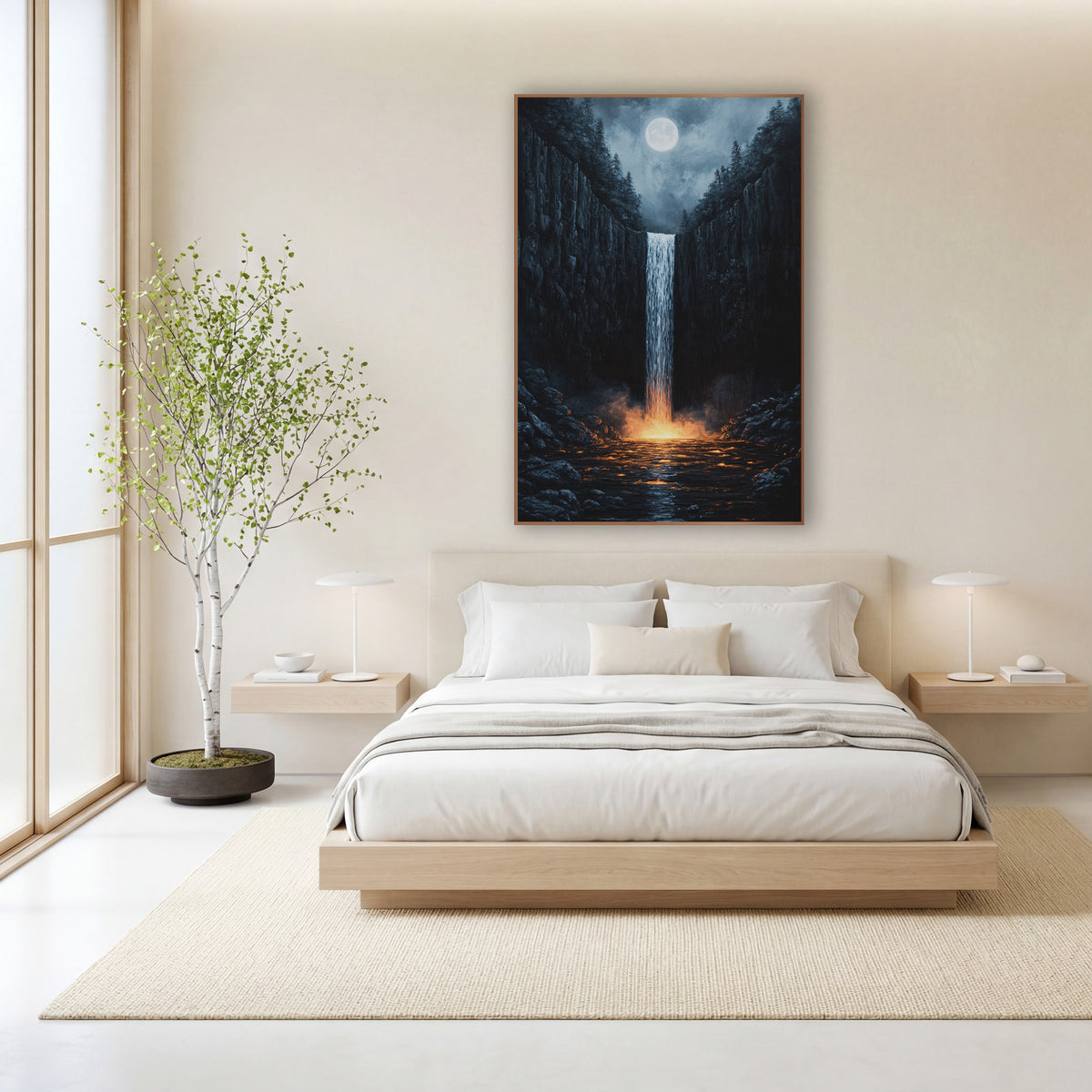 Moonlit Gorge Waterfall Dark Japandi wall art in a calm Japandi-style room – narrow waterfall between dark rock cliffs