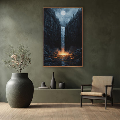Moonlit Gorge Waterfall Dark Japandi wall art in a calm Japandi-style room – narrow waterfall between dark rock cliffs