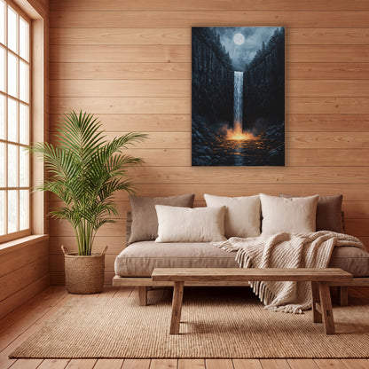 Moonlit Gorge Waterfall Dark Japandi wall art in a calm Japandi-style room – narrow waterfall between dark rock cliffs