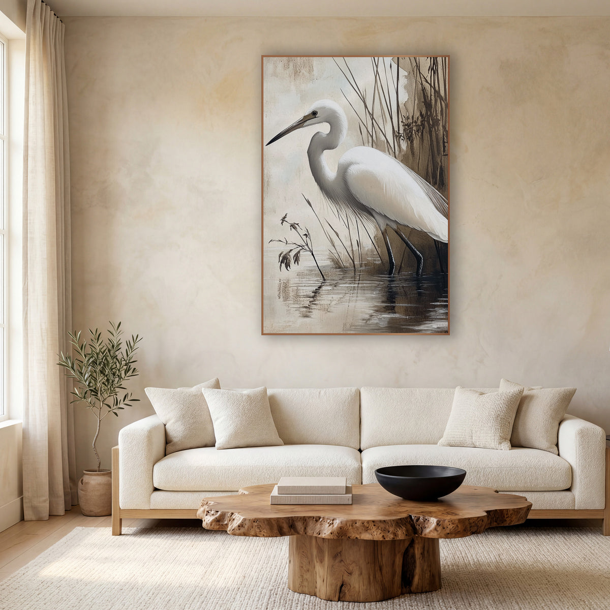 Egret Beside Sepia Reeds Japandi wall art in a calm Japandi-style room – white egret with a curved neck and long beak