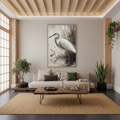 Egret Beside Sepia Reeds Japandi wall art in a calm Japandi-style room – white egret with a curved neck and long beak