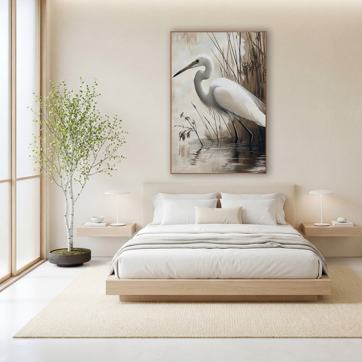 Egret Beside Sepia Reeds Japandi wall art in a calm Japandi-style room – white egret with a curved neck and long beak