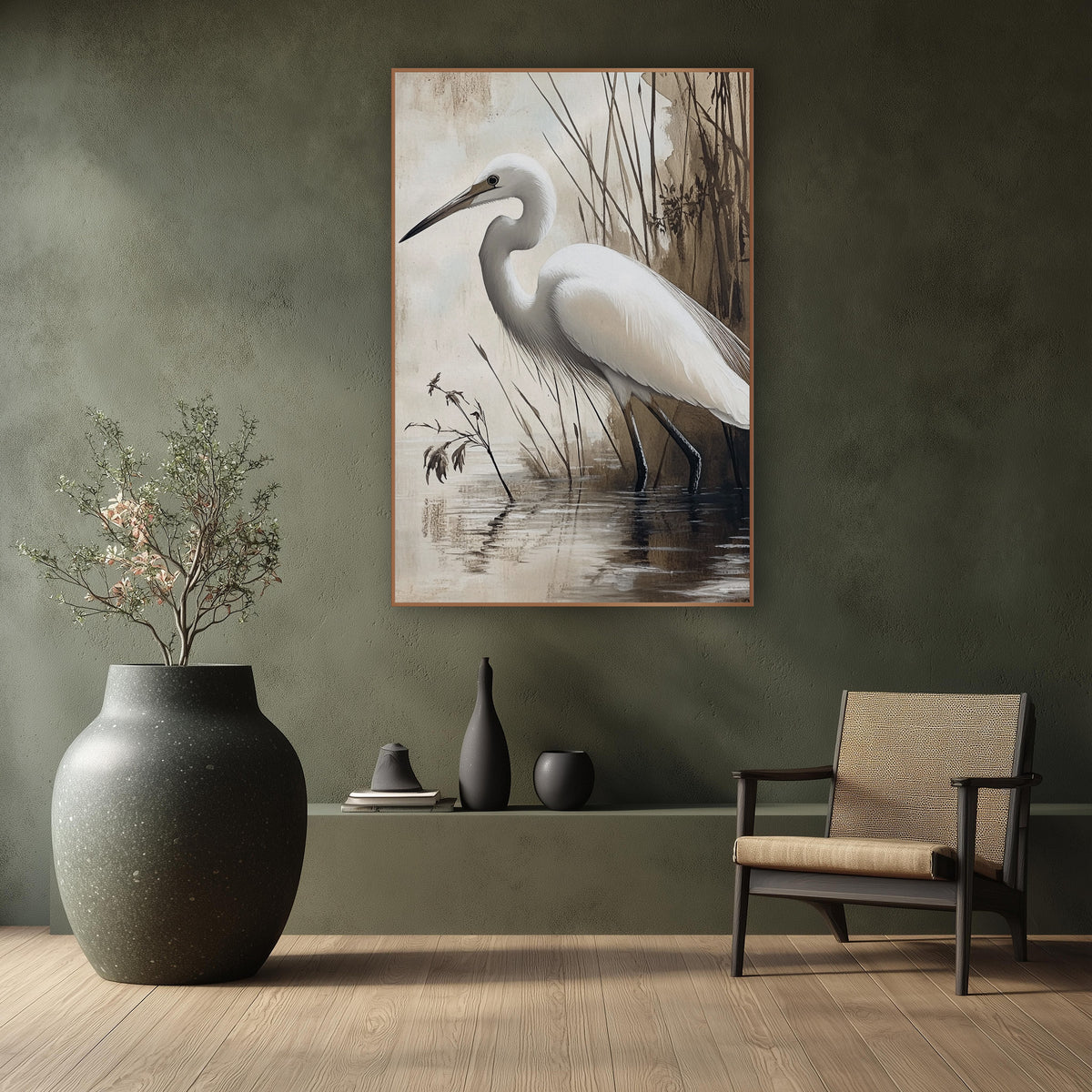 Egret Beside Sepia Reeds Japandi wall art in a calm Japandi-style room – white egret with a curved neck and long beak