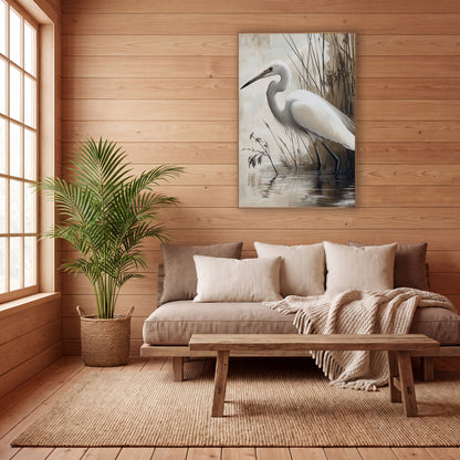 Egret Beside Sepia Reeds Japandi wall art in a calm Japandi-style room – white egret with a curved neck and long beak