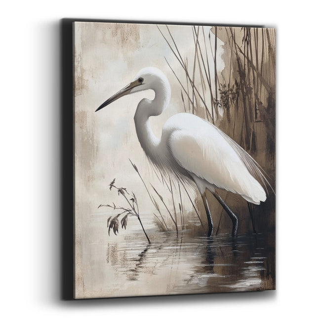 Egret Beside Sepia Reeds Japandi Canvas Wall Art