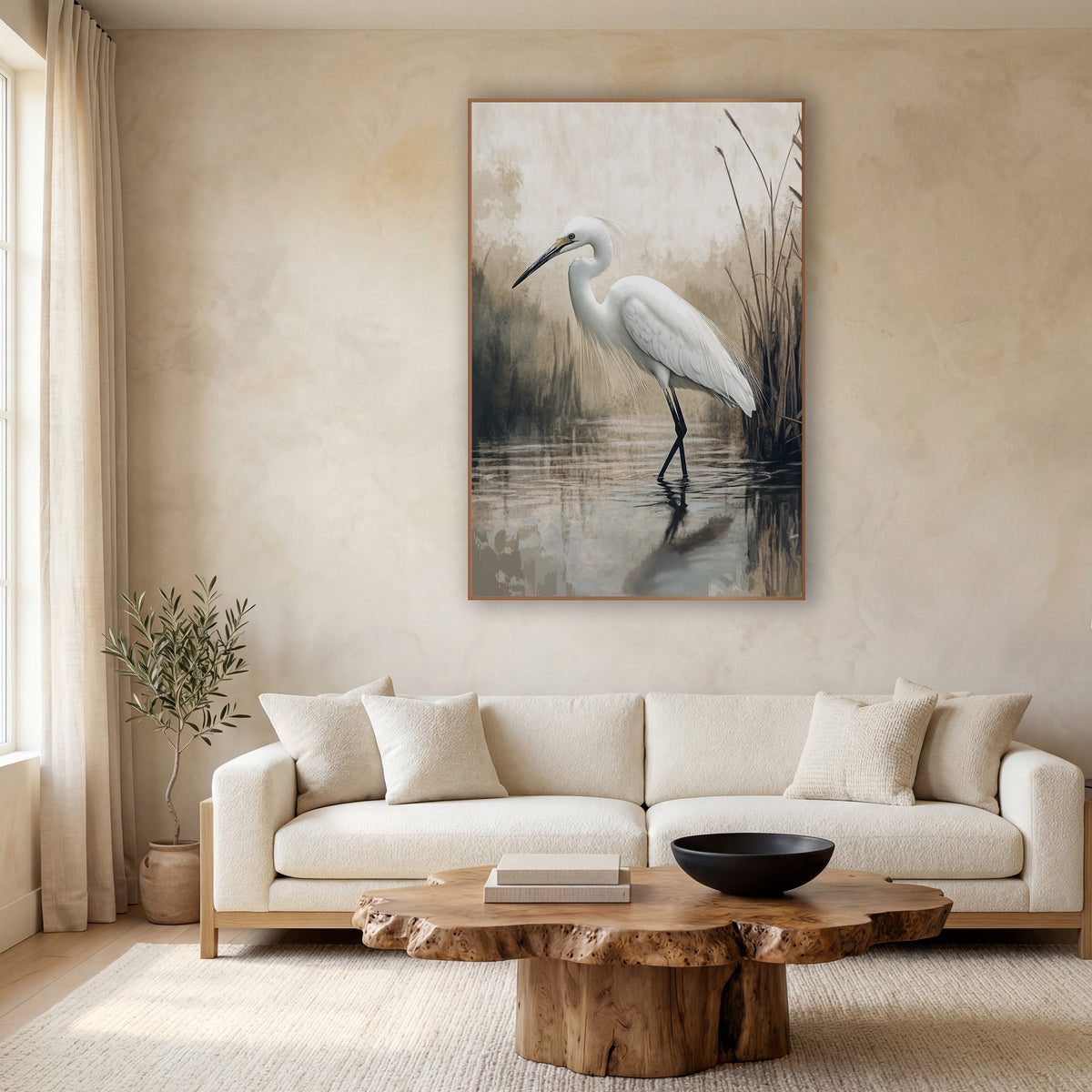 Egret Mirror Pond Mist Japandi wall art in a calm Japandi-style room – white egret standing in still water beside tall