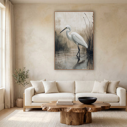 Egret Mirror Pond Mist Japandi wall art in a calm Japandi-style room – white egret standing in still water beside tall