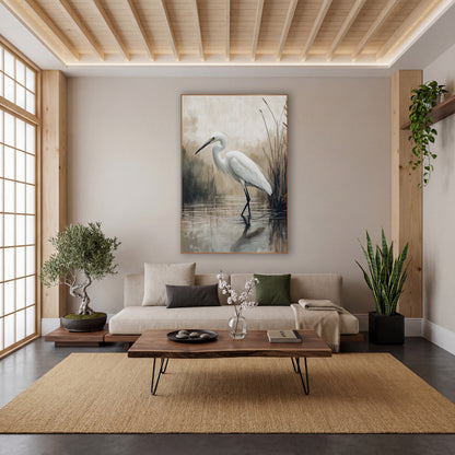 Egret Mirror Pond Mist Japandi wall art in a calm Japandi-style room – white egret standing in still water beside tall