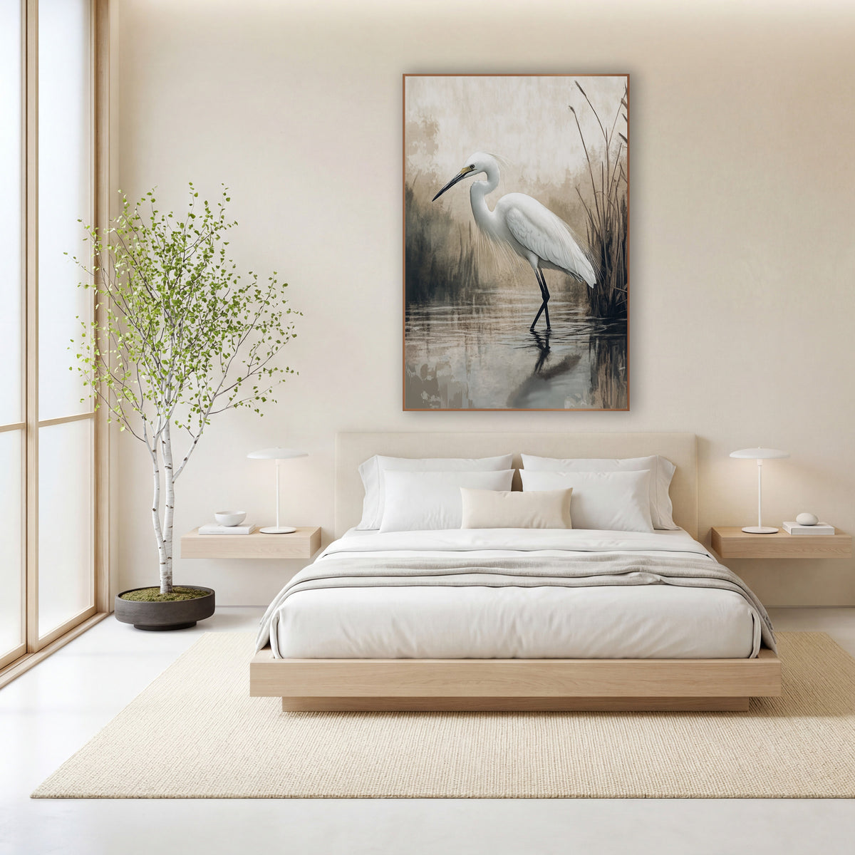 Egret Mirror Pond Mist Japandi wall art in a calm Japandi-style room – white egret standing in still water beside tall