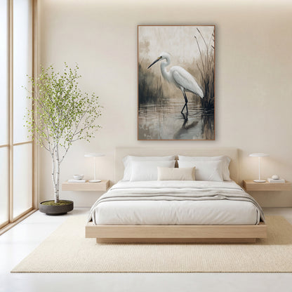 Egret Mirror Pond Mist Japandi wall art in a calm Japandi-style room – white egret standing in still water beside tall