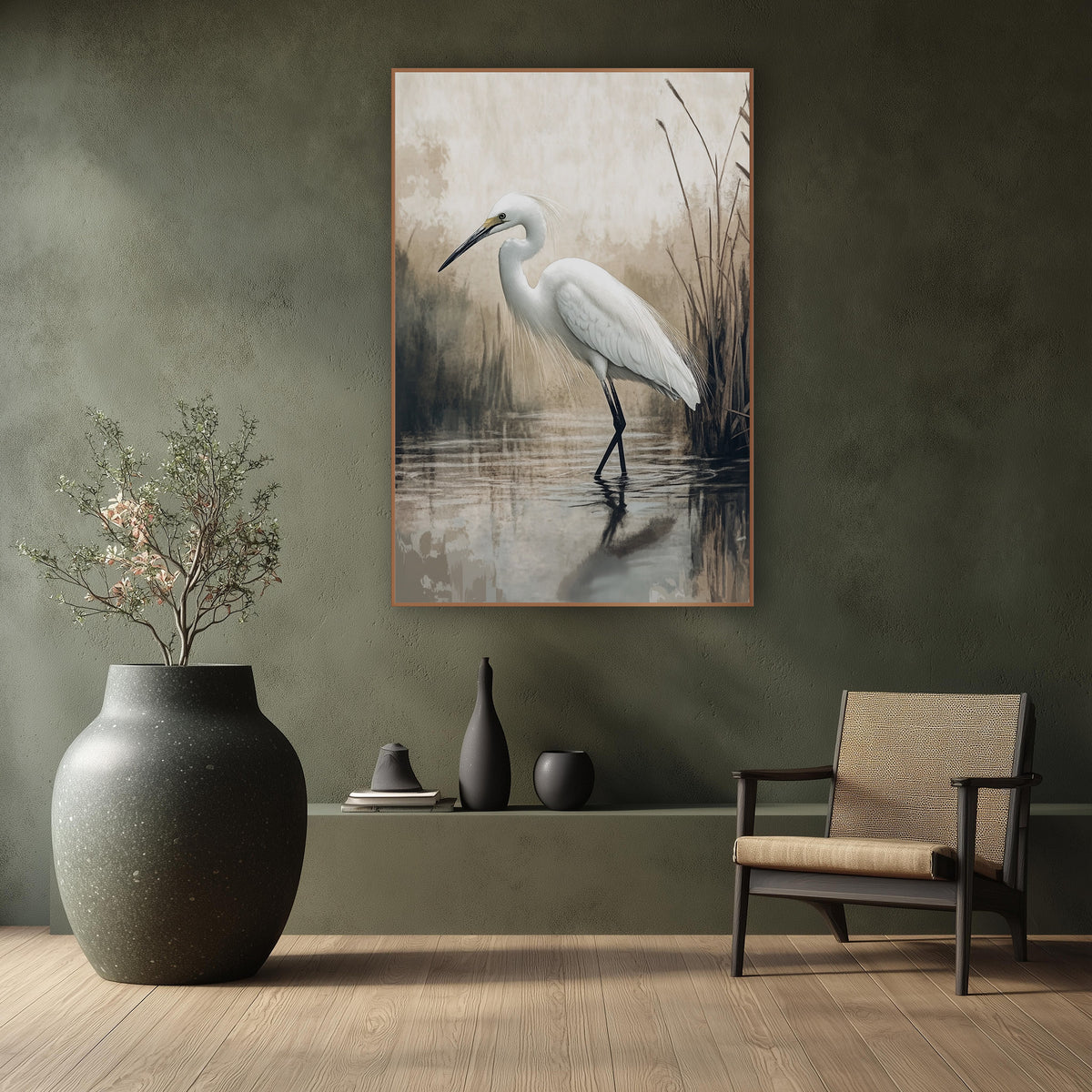 Egret Mirror Pond Mist Japandi wall art in a calm Japandi-style room – white egret standing in still water beside tall