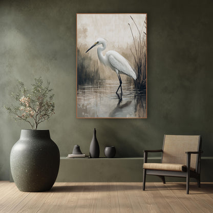Egret Mirror Pond Mist Japandi wall art in a calm Japandi-style room – white egret standing in still water beside tall