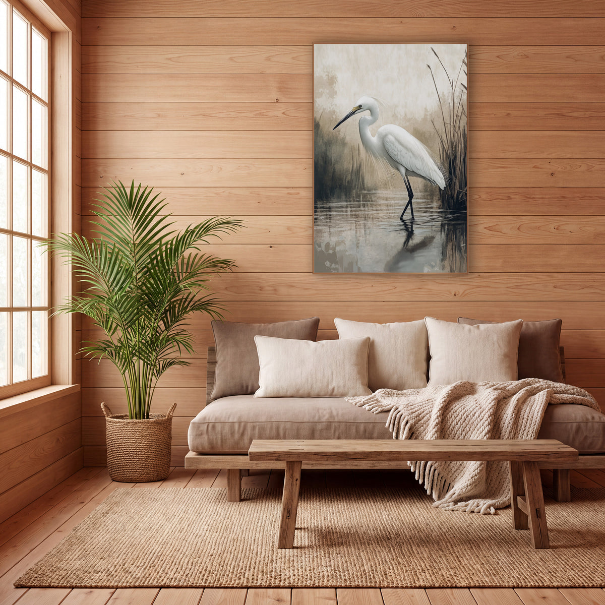 Egret Mirror Pond Mist Japandi wall art in a calm Japandi-style room – white egret standing in still water beside tall