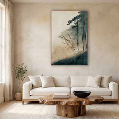 Misty Hillside Grasses Japandi wall art in a calm Japandi-style room – tall wild grasses bend on a dark hillside