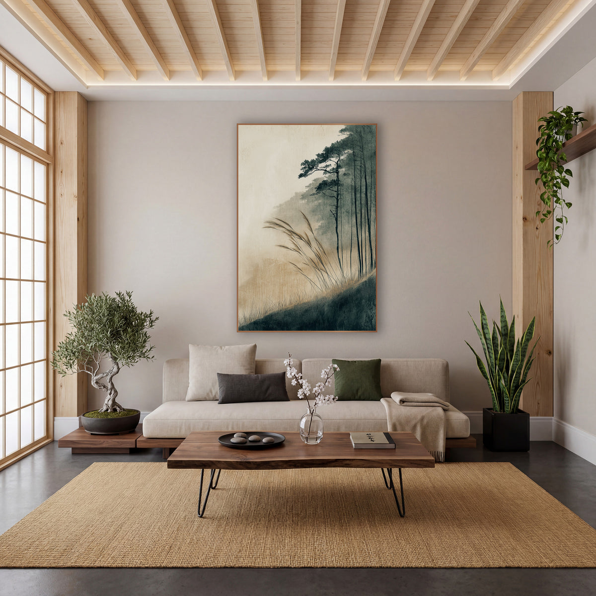 Misty Hillside Grasses Japandi wall art in a calm Japandi-style room – tall wild grasses bend on a dark hillside