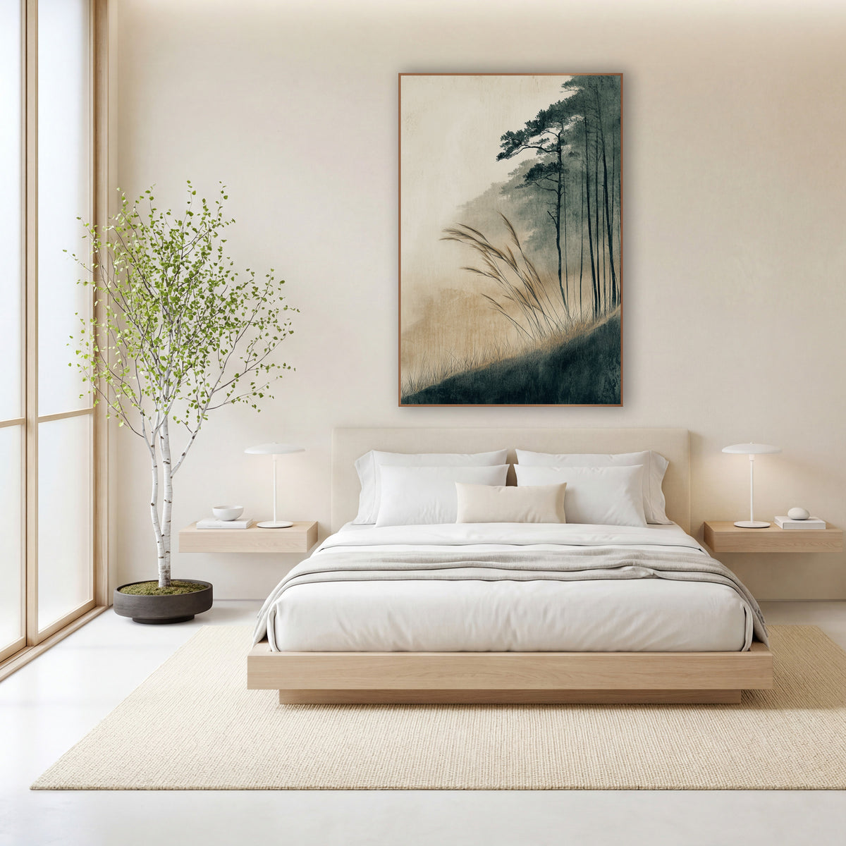 Misty Hillside Grasses Japandi wall art in a calm Japandi-style room – tall wild grasses bend on a dark hillside