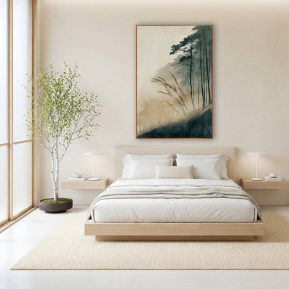 Misty Hillside Grasses Japandi wall art in a calm Japandi-style room – tall wild grasses bend on a dark hillside