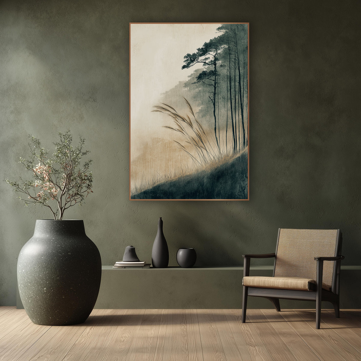 Misty Hillside Grasses Japandi wall art in a calm Japandi-style room – tall wild grasses bend on a dark hillside