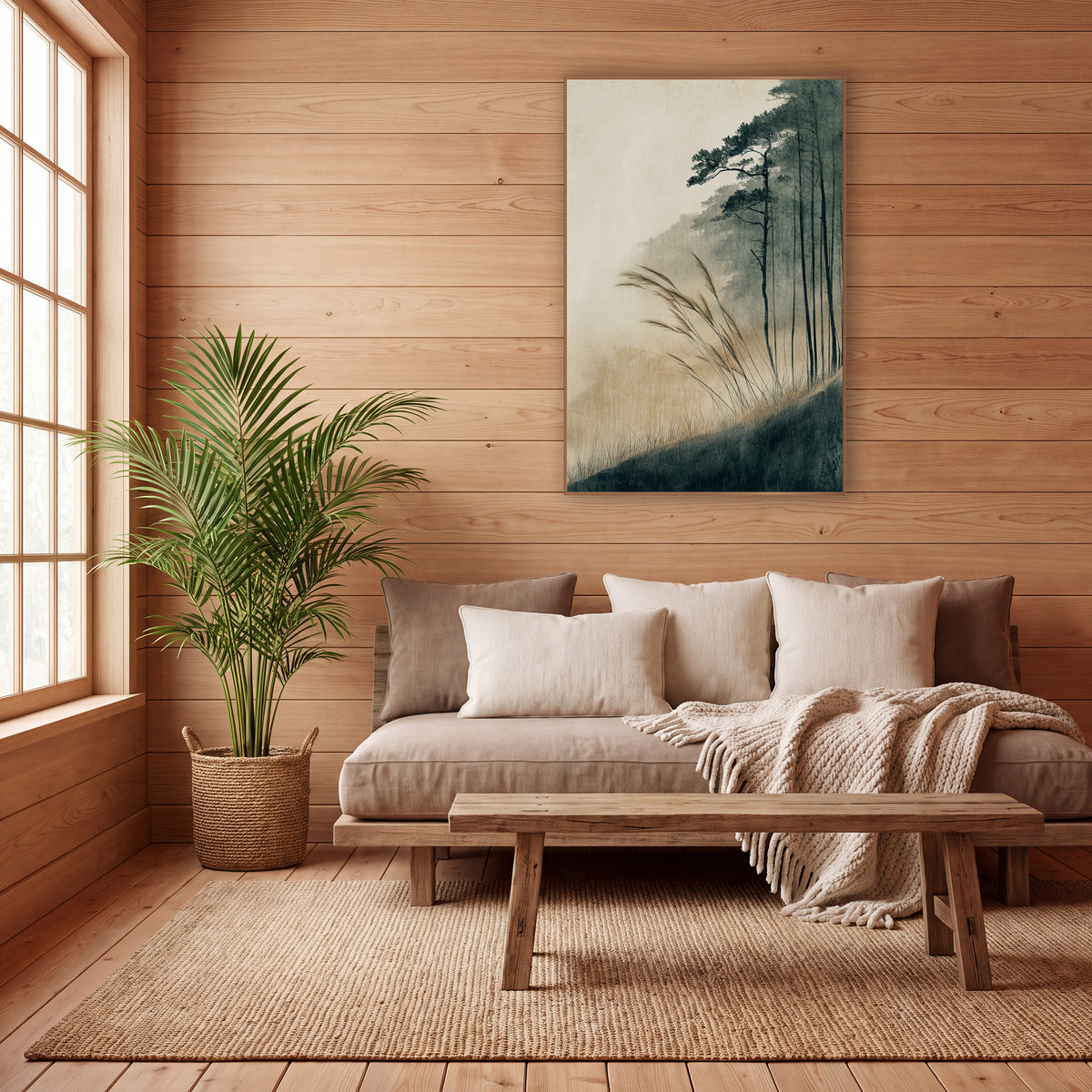 Misty Hillside Grasses Japandi wall art in a calm Japandi-style room – tall wild grasses bend on a dark hillside