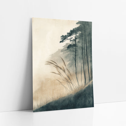 Misty Hillside Grasses Japandi art print leaning against a white wall – tall wild grasses bend on a dark hillside