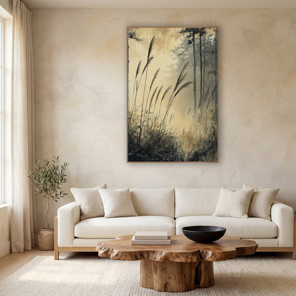 Misty Forest Grasses Japandi wall art in a calm Japandi-style room – tall feathery grasses bending before slender