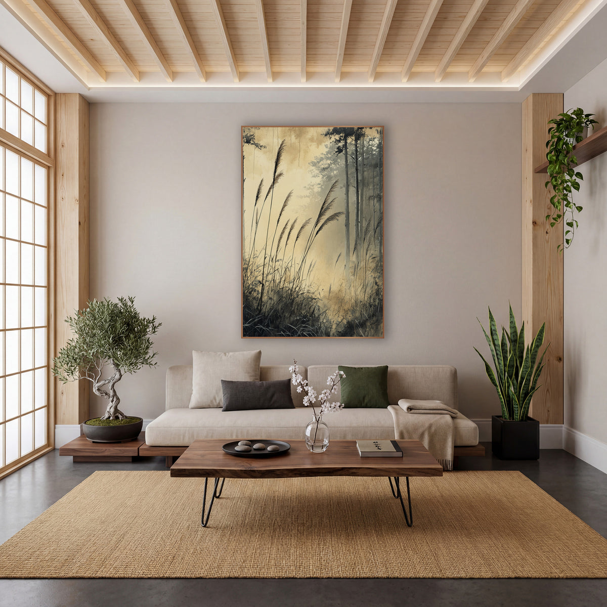 Misty Forest Grasses Japandi wall art in a calm Japandi-style room – tall feathery grasses bending before slender