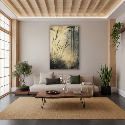 Misty Forest Grasses Japandi wall art in a calm Japandi-style room – tall feathery grasses bending before slender