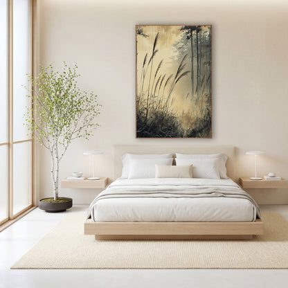 Misty Forest Grasses Japandi wall art in a calm Japandi-style room – tall feathery grasses bending before slender