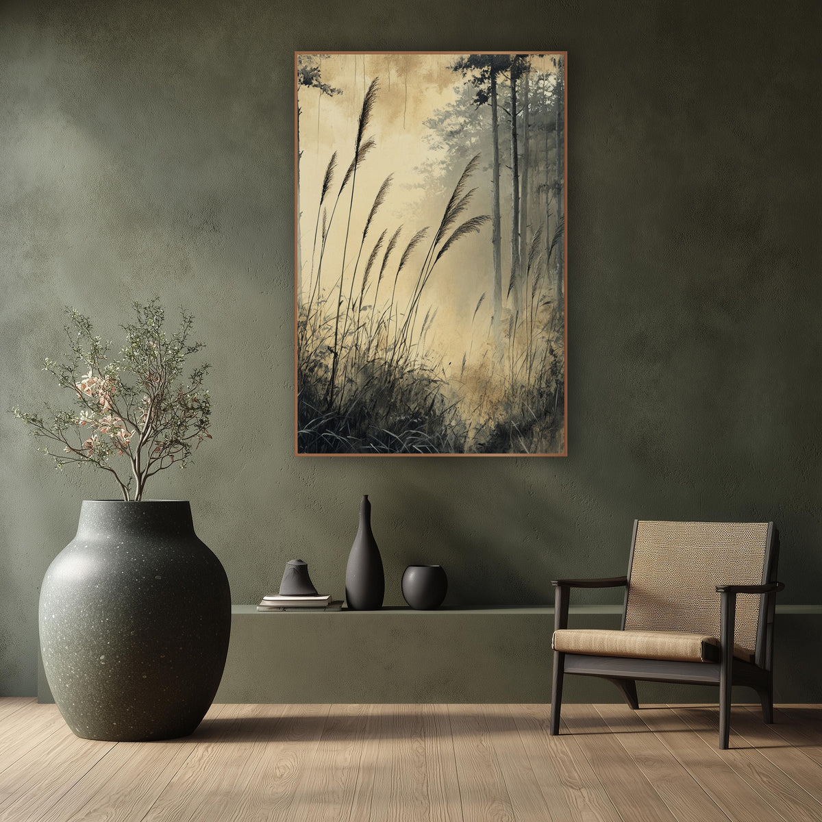 Misty Forest Grasses Japandi wall art in a calm Japandi-style room – tall feathery grasses bending before slender