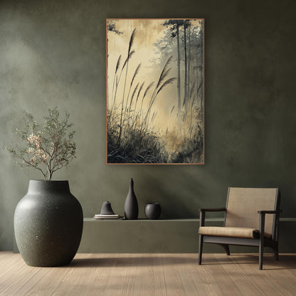 Misty Forest Grasses Japandi wall art in a calm Japandi-style room – tall feathery grasses bending before slender