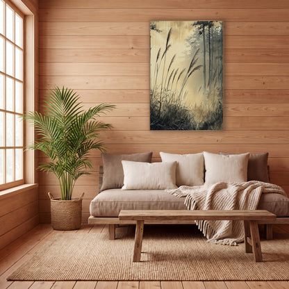 Misty Forest Grasses Japandi wall art in a calm Japandi-style room – tall feathery grasses bending before slender